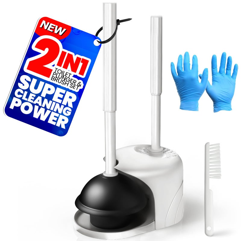 Denvlex 2 in 1 Toilet Brush and Plunger Set, Extended Handle Plunger,Toilet Bowl Brush Plunger Set,Bathroom Cleaning Tools,Cleaning Brush,Cleaning Supplies,Toilet Brush Plunger Combo,White(20inch) - Image 1